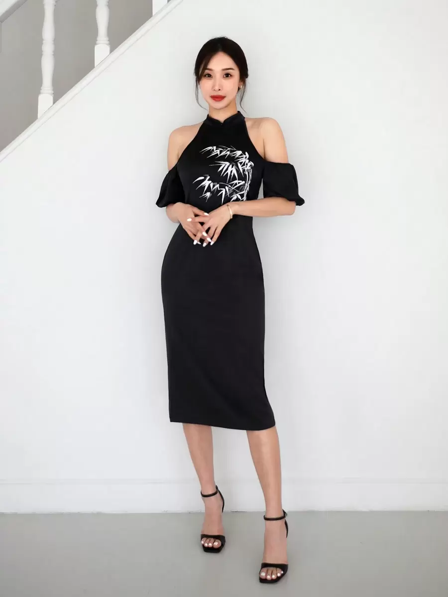 EastFlair New Chinese Style Black Open Shoulder Chinese Style Bamboo Print Improved Cheongsam Dress For Women - Black - View 1