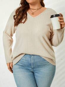 SHEIN LUNE Women's Plus Size Lace Patchwork Back Tie Knot T-shirt - Apricot - View 5