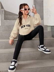 SHEIN Tween Girl 街頭風格針織立領半拉鍊運動衫, 配長褲運動套裝 - 杏色 - 查看 5