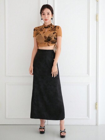 EastFlair 新款中国风复古印花短款网眼女式 T 恤