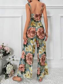Snug Zone Conjunto de pijama con top sin mangas con estampado floral y ribete de volantes, y pantalón de pierna ancha para mujer - Multicolor - Ver 2