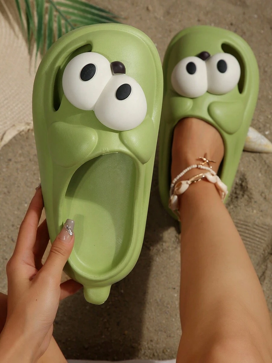 大眼狗卡通外穿防滑防臭厚底女拖鞋 - 綠色 - 查看 1