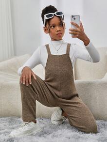 SHEIN 補間女孩時尚優雅純色針織吊帶褲 - 卡其色 - 查看 3