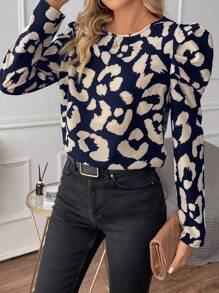 SHEIN Clasi Women's Leopard Print Leg Of Mutton Sleeve Blouse - Blue and White - View 1