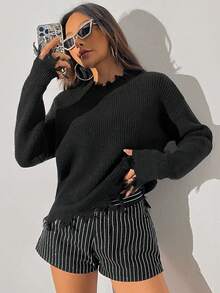 SHEIN Unity Drop Shoulder Raw Trim Sweater - Black - View 5