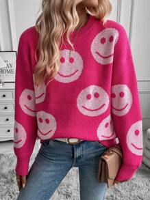 SHEIN LUNE Women's Cartoon Face Pattern Drop Shoulder Sweater - Pink - View 3