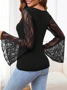 SHEIN Clasi Cổ chữ V Ren Vá lại Tay áo dài Áo thun - màu đen - Xem 4