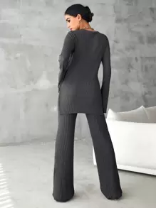 EURMUSE Cotton Split Hem Tee & Flare Leg Pants - Dark Grey - View 2