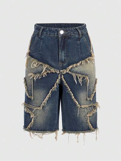 Grunge Punk Shorts in jeans Bermuda a vita alta, vestibilità morbida, lavaggio vissuto, con patch a forma di stella, adatti per la scuola