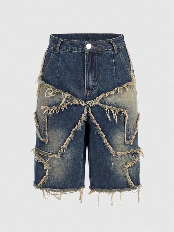 ROMWE Grunge Punk Star Patchwork, Vintage Wash, Loose Fit, Straight Bermuda Denim Shorts, School