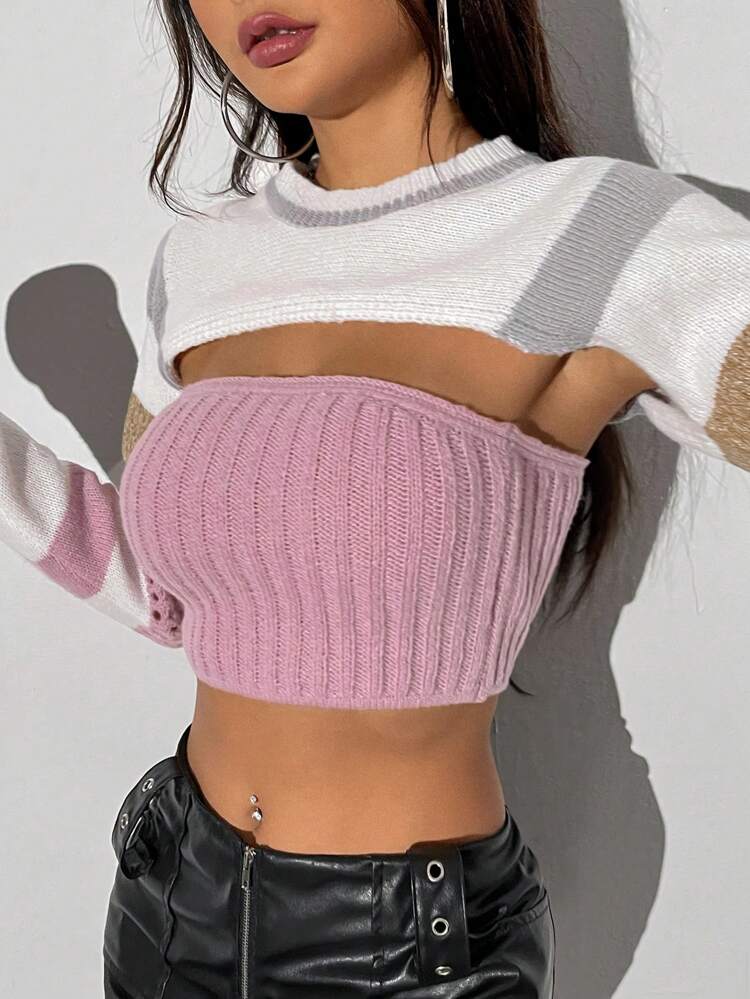 Women's Color Block Hollow Out Bell Sleeve Knit Pullover Fall Winter Sweater