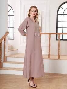 女士拼接流苏七分袖优雅阿拉伯风连衣裙 - 藕粉色 - 查看 8