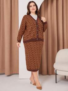 Mulvari Women'S Plus Size Full Printed Button Up Cardigan And Skirt Set 2 Piece Set - Brown - View 3