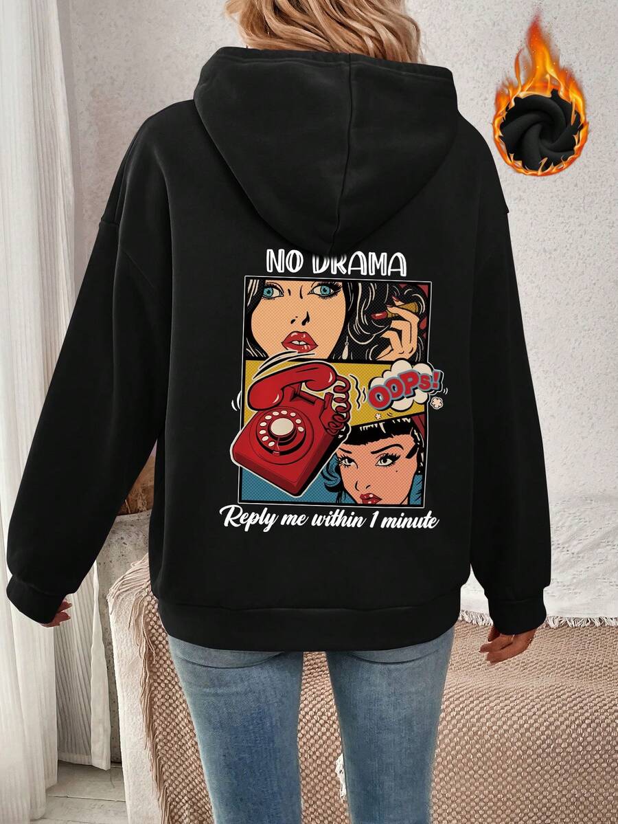 SHEIN EZwear Women's Character Printed Fleece Hoodie With Back Print - Black - View 1