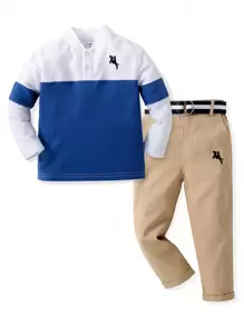SHEIN 男孩色塊拼接polo衫加腰帶直筒褲套裝 - 藍色 - 查看 6