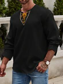 Manfinity 鬆身款男士系帶前開襯衫 - 黑色 - 查看 1