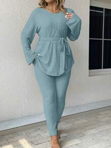 SHEIN LUNE 2 Miếng Kích thước lớn Màu thuần Thoải mái Eo Bộ thắt lưng - Màu xanh lam - Xem 4