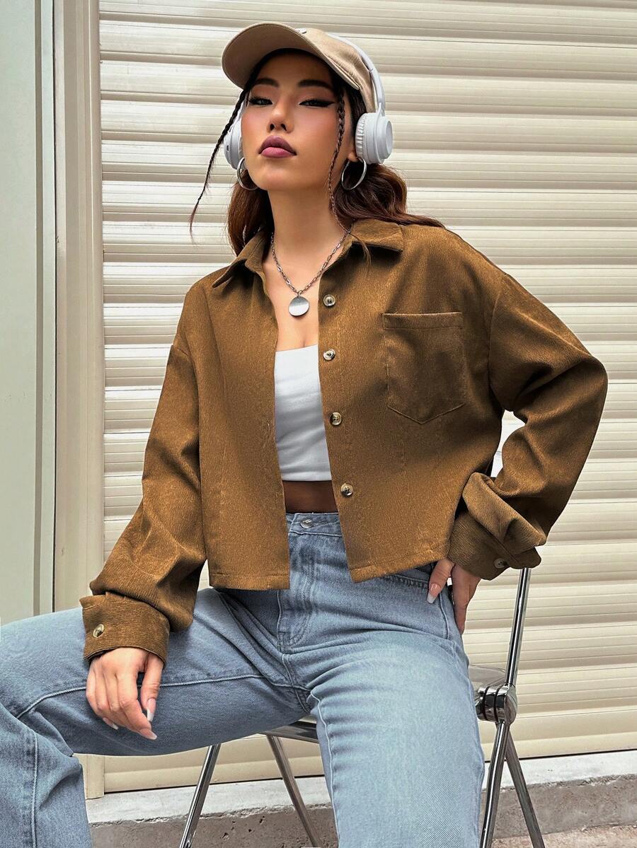 SHEIN Unity 有扣子長袖襯衫帶口袋 - 卡其色 - 查看 1