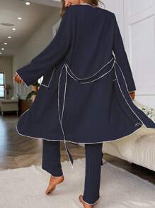 Women's Long-Sleeved Belted Robe And Cami Top & Long Pants Home Wear Set Outfit - Navy Blue - View 2