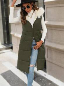 SHEIN LUNE Women'S Sleeveless Padded Padded Coat Clothes Winter With Fur Collar - Army Green - View 6