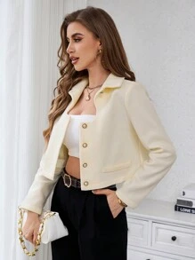 SHEIN Privé 女士中空單排扣外套 - 白色 - 查看 3