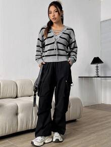 SHEIN Unity Của phụ nữ Sọc Thả vai Áo len Với Chi tiết cà vạt - Xám - Xem 7