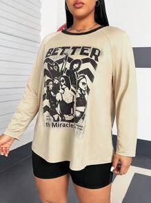 Flirla 印有肖像畫的加大尺寸t卹 - 卡其色 - 查看 4