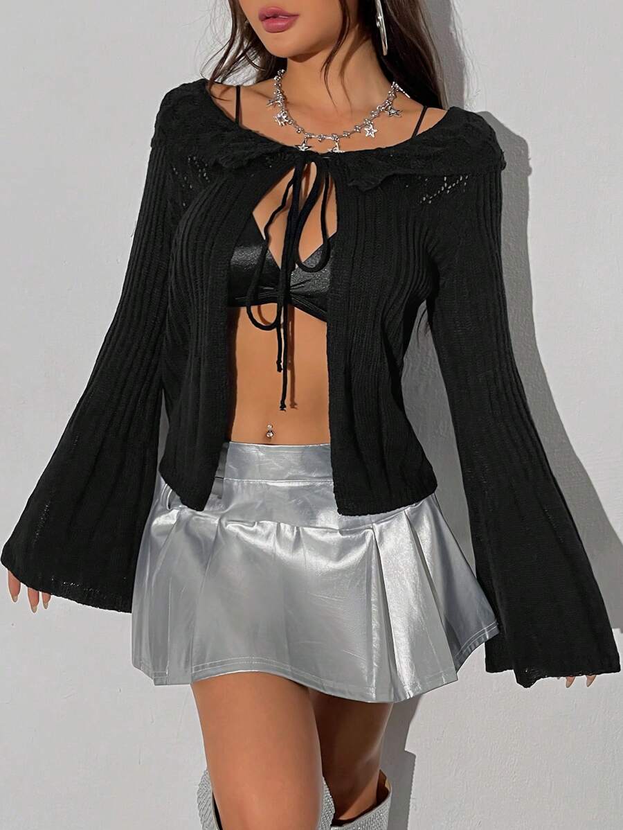 Allurite Women'S Flared Sleeve Open Front Knot Cardigan - Black - View 1