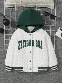 SHEIN Toddler Boys' Casual Comfortable English Embroidery Pattern Color Block Hooded Fleece Jacket