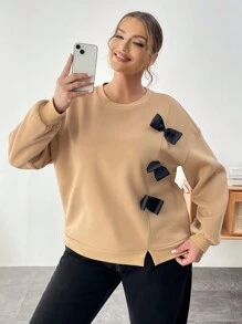 SHEIN Essnce Áo len cổ tròn cỡ lớn dành cho nữ, trang trí nơ - Màu Khaki - Xem 1