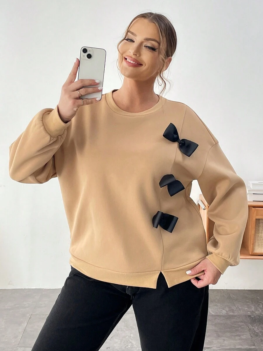 SHEIN Essnce Áo len cổ tròn cỡ lớn dành cho nữ, trang trí nơ - Màu Khaki - Xem 1