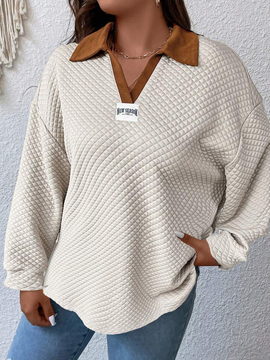 Flirla Women's Plus Size Letter Print Sweatshirt With Color-block Collar And Drop Shoulder - Camel - View 1