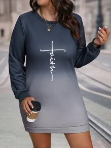 SHEIN LUNE Plus Letter Graphic Ombre Sweatshirt Dress Pullover Fall Outfit - Grey - View 4
