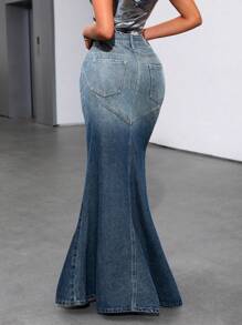 SHEIN BAE Women's Gradient & Rivet Decor Fish Tail Hem Denim Skirt - Blue - View 2