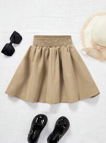 SHEIN Young Girl Shoulder Tie Bow Decorated Button Detail Skirt - Khaki - View 2