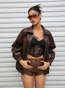 SHEINNeu Dây kéo Thả vai Da nhìn Áo khoác - màu nâu - Xem 1