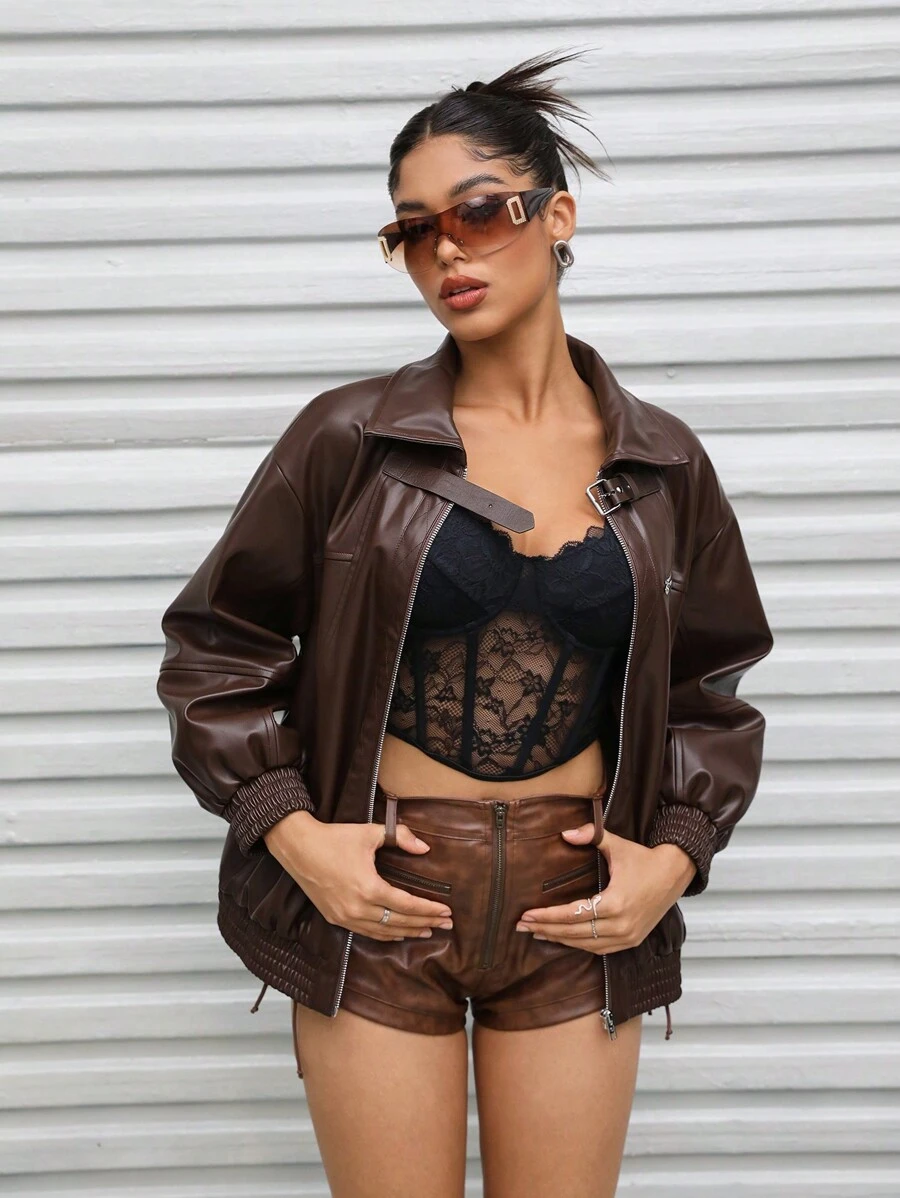 SHEINNeu Dây kéo Thả vai Da nhìn Áo khoác - màu nâu - Xem 1