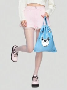 ROMWE X Care Bears Blue Backpack With Bear Ears And Drawstring Closure,School Bag,Portable,Laptop Compartment,Large Capacity,Foldable,Lightweight,For Teen Girls Women College Students,College,Middle School,High School,Outdoors,Travel,Outings,Elementary School,Office - Blue - View 4