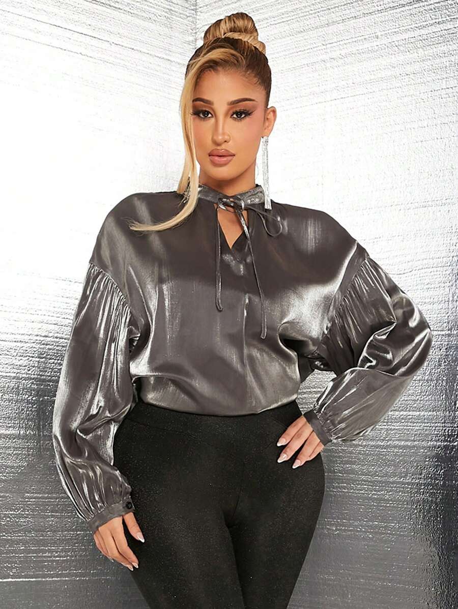 SHEIN SXY sexy outfits club Women's Drop Shoulder Glitter Fabric Tie Neck Blouse - Black - View 1