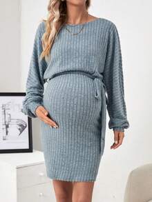 SHEIN Thai sản Tay áo lồng đèn Váy có thắt lưng - Màu xanh lam - Xem 4