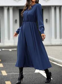 SHEIN Clasi Notched Neckline Puff Sleeve Dress - Blue - View 6