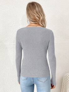 休閒羅紋針織撞色女士毛衣 - 灰色 - 查看 2