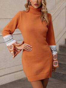 SHEIN Essnce Women's Contrast Color Turtleneck Sweater Dress - Orange - View 3