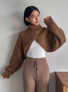 FRIFUL 女性純色高領十字包裹短款毛衣 - 駝色 - 查看 4