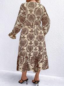 SHEIN LUNE Plus Size Women's Lotus Leaf Sleeve Satin Printed Dress