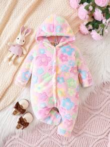 SHEIN Baby Girls' Valentine's Day Heart Pattern Hooded Fleece Jumpsuit