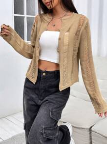 SHEIN Unity Ladies' Solid Color Distressed Casual Cardigan - Khaki - View 3