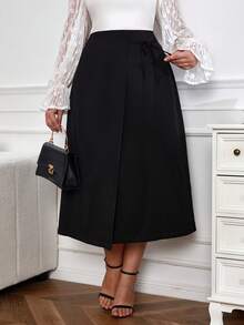 SHEIN Privé Women's Plus Size Solid Color Wrap Skirt With Belt - Black - View 4