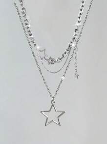 ROMWE Goth 2 件龐克復古風格星星吊墜項鍊套裝,帶水鑽細節,雙層,別緻酷炫鎖骨鏈項鍊