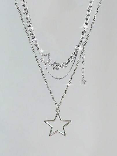 ROMWE Goth 2pcs Punk Vintage Style Star Pendant Necklace Set With Rhinestone Detail, Double-layered, Chic And Cool Collarbone Chain Necklace